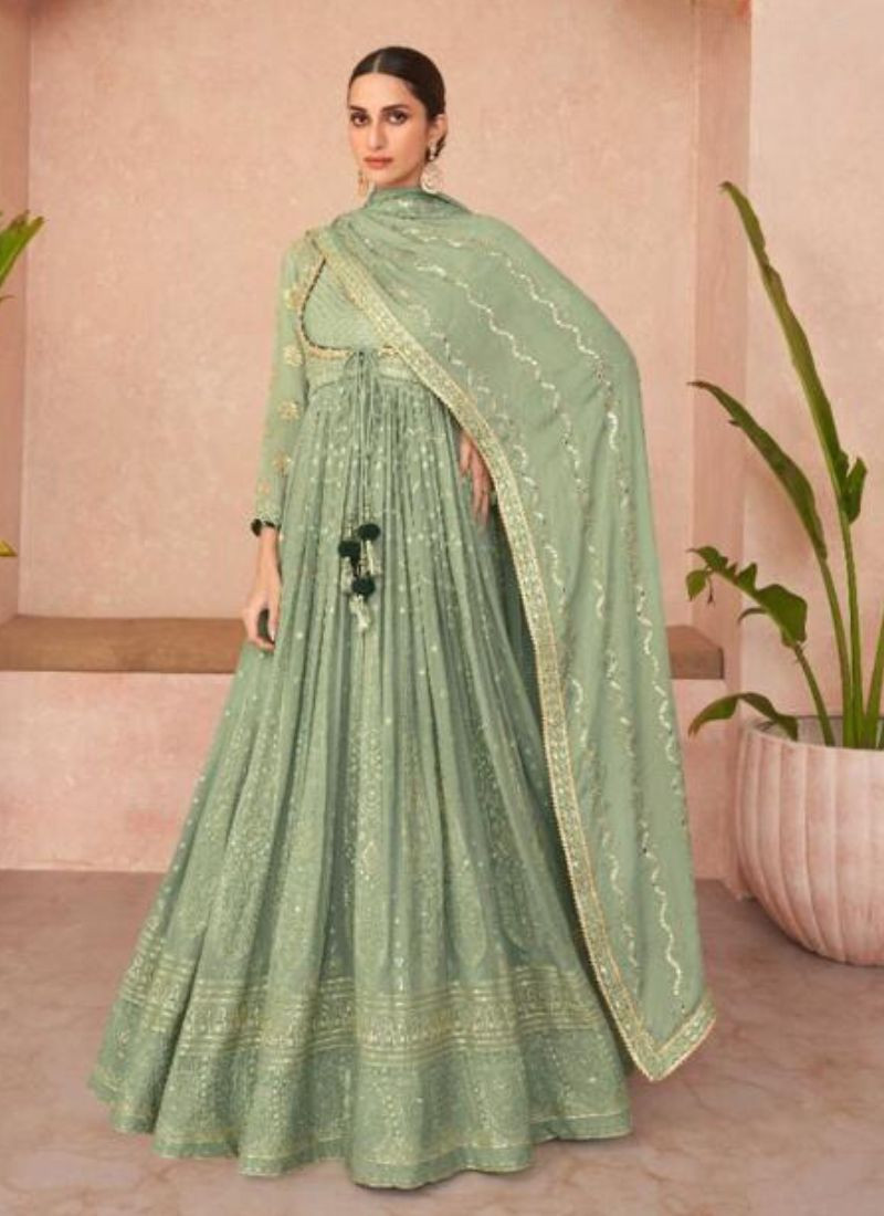 Embroidered Geogrette Gown With Dupatta in Pista