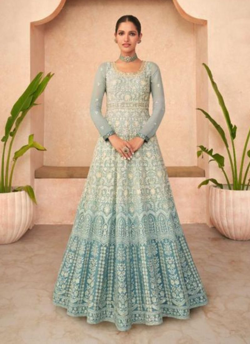 Embroidered Geogrette Gown With Dupatta in Sky Blue