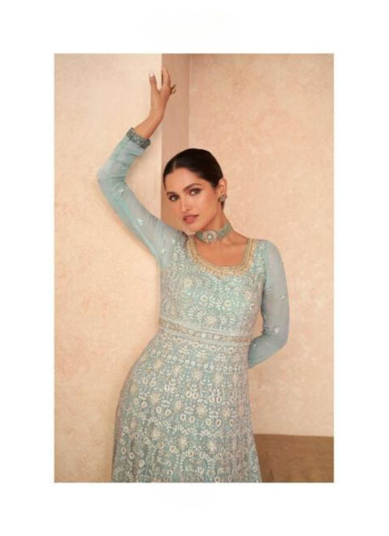 Embroidered Geogrette Gown With Dupatta in Sky Blue