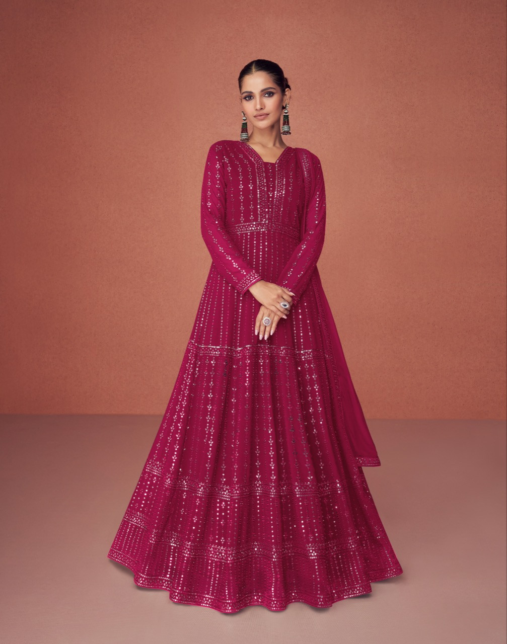 Embroidered Real Georgette Gown In Magenta