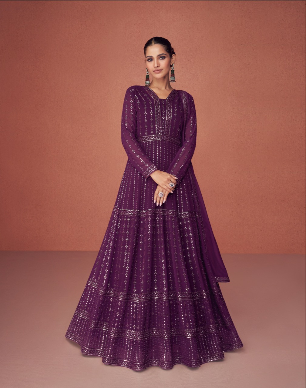 Embroidered Real Georgette Gown In Purple