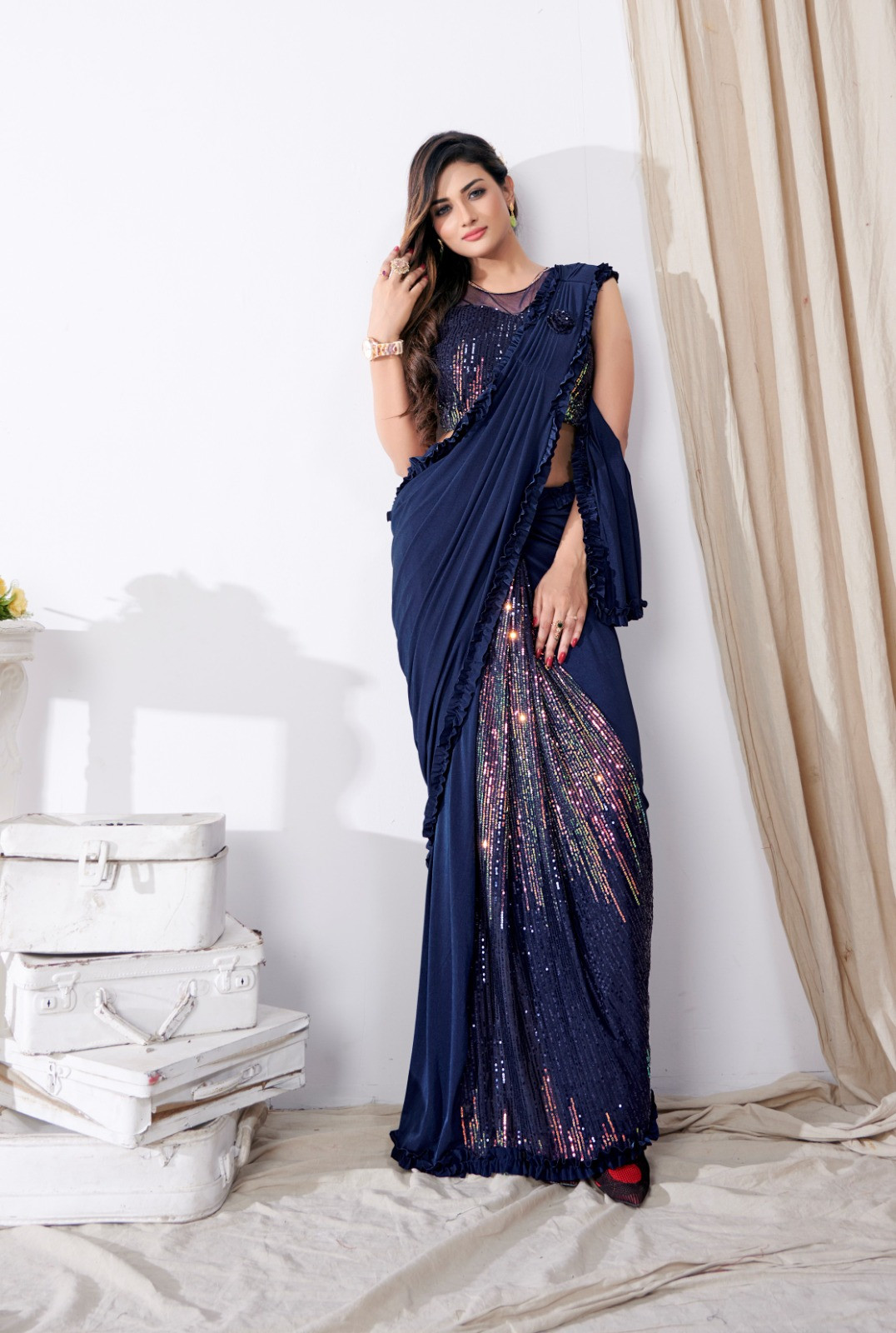 Imported Lycra  Ready To Wear Saree in Blue