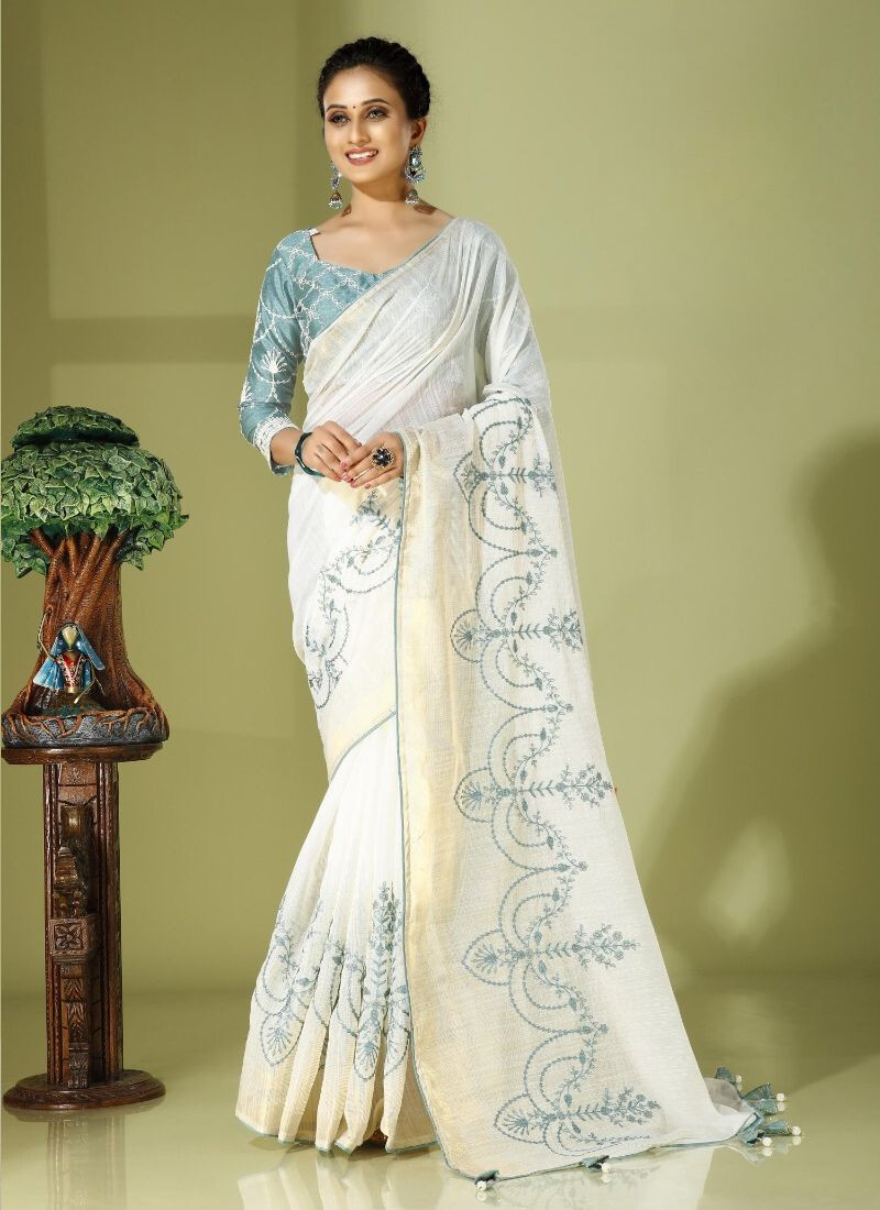 Embroidered Cotton Saree in Sky Blue
