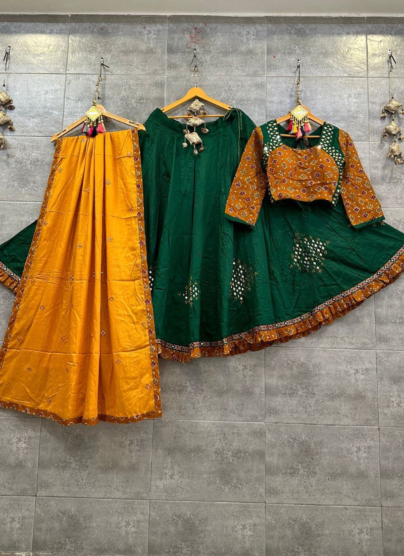 Pure Cotton Chaniya Choli With Mirror Work in Green