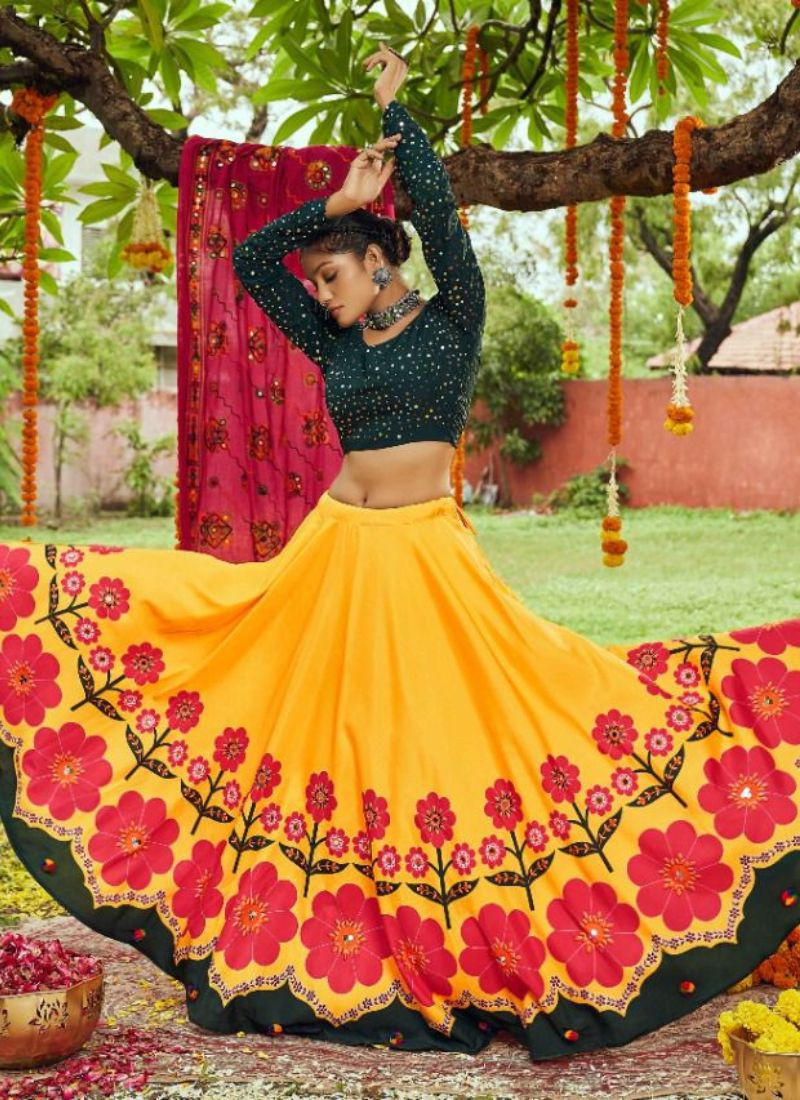 Embroidered Cotton Chaniya Choli in Yellow