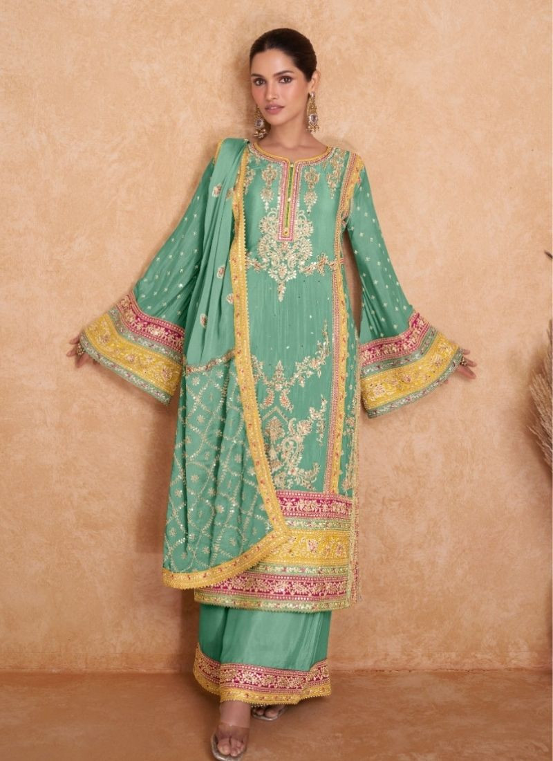 Embroidered Chinon Suit Set in Sky Blue