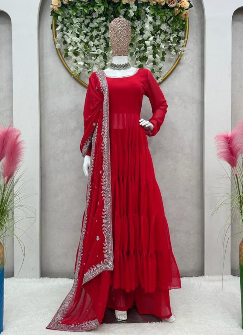 Faux Georgette Suit Set in Red