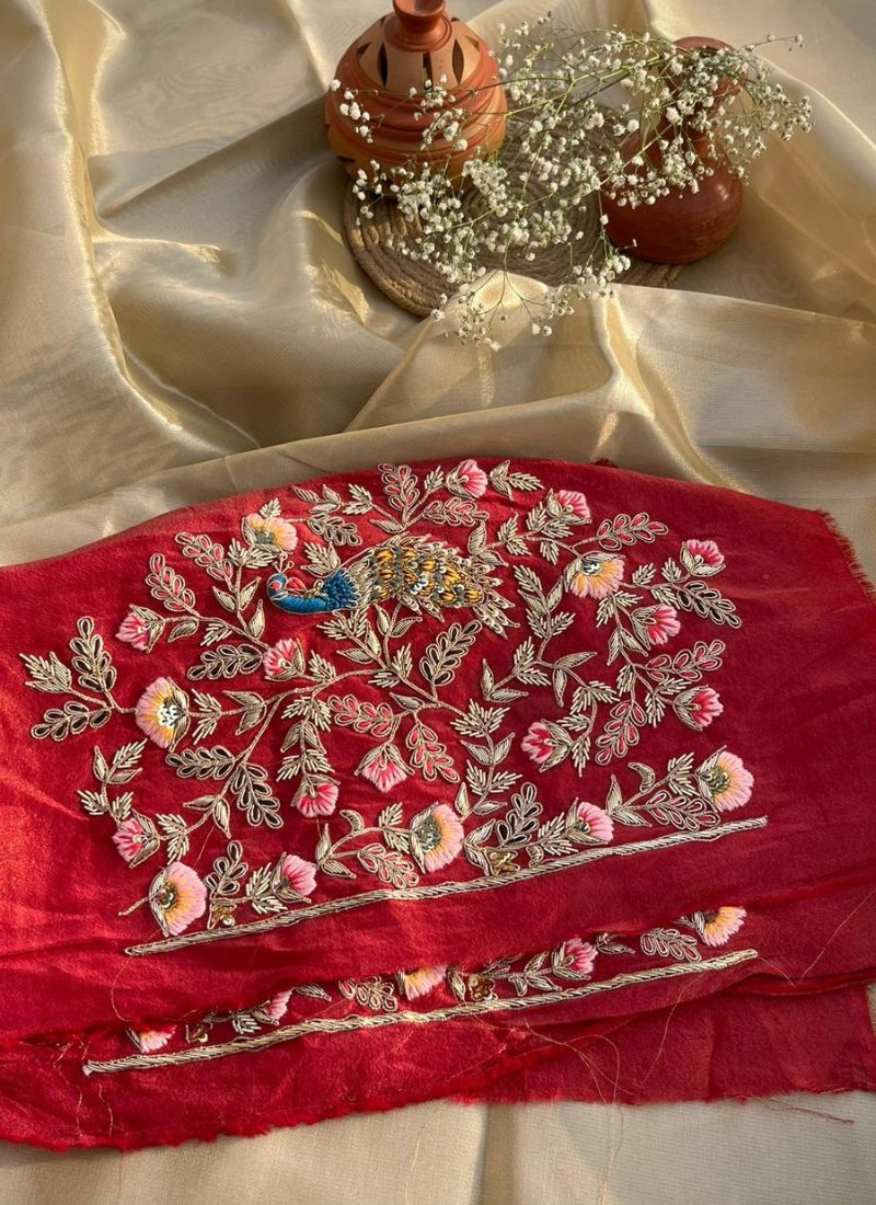 Kora Zari Tissue Silk saree in Red