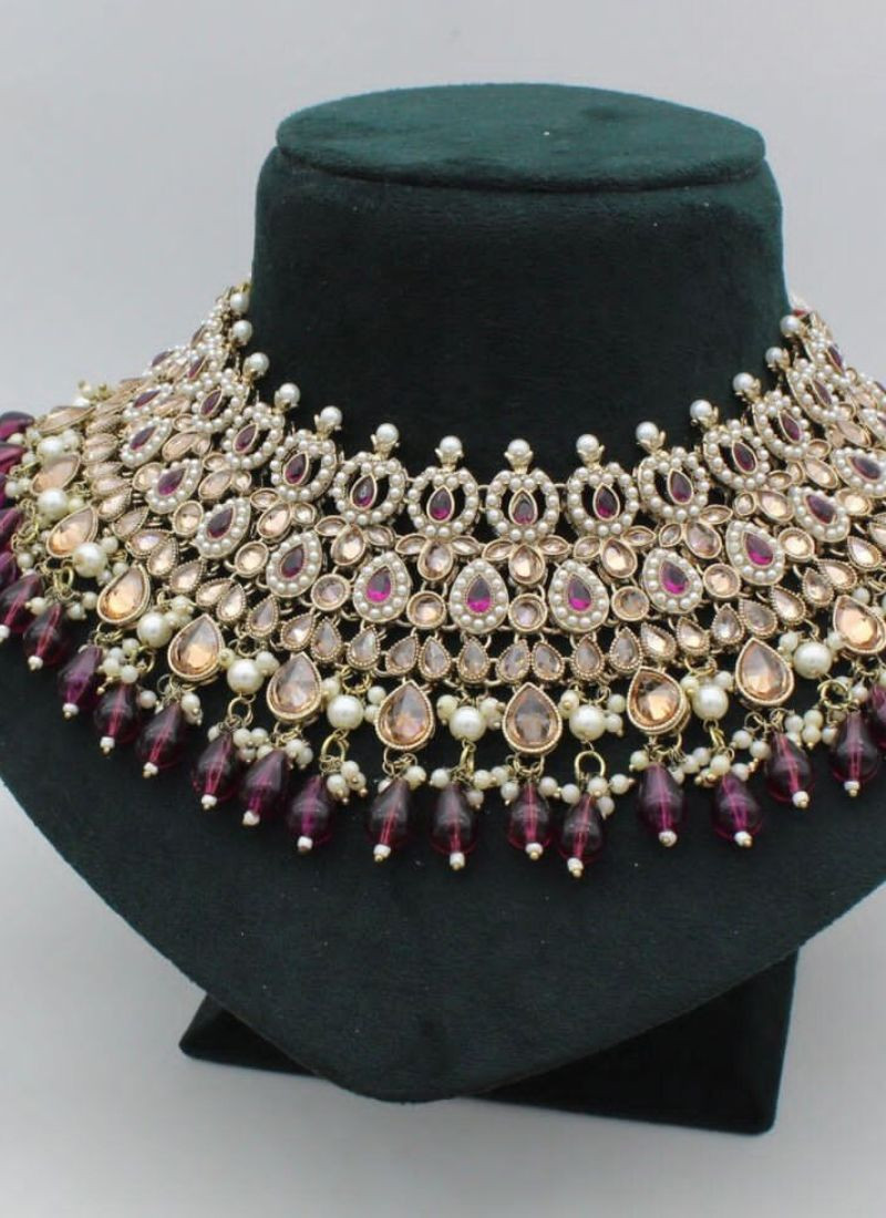 Stone Studded Necklace Choker Set With Maang Tikka in Wine