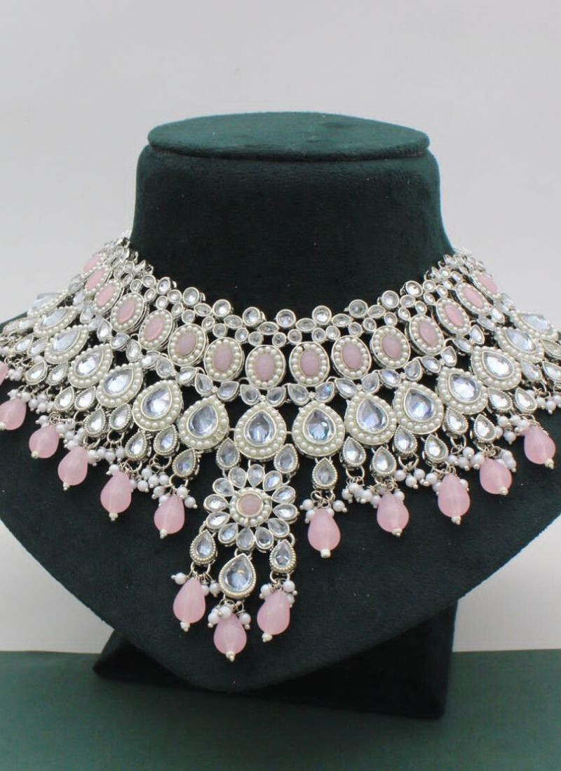 Stone Studded Necklace Choker Set With Maang Tikka in Pink