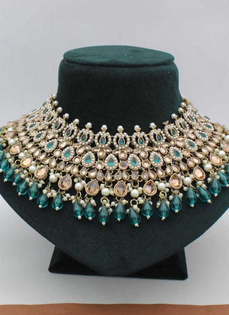 Stone Studded Necklace Choker Set With Maang Tikka in Sky Blue