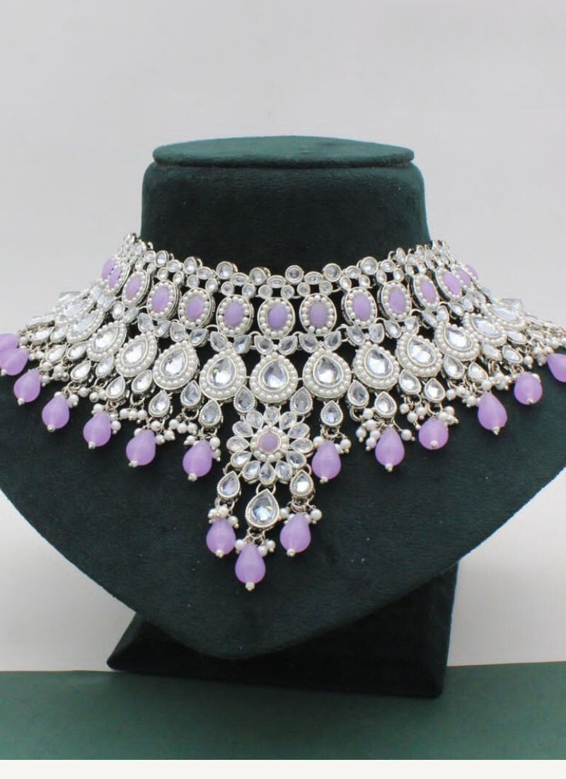 Stone Studded Necklace Choker Set With Maang Tikka in Purple