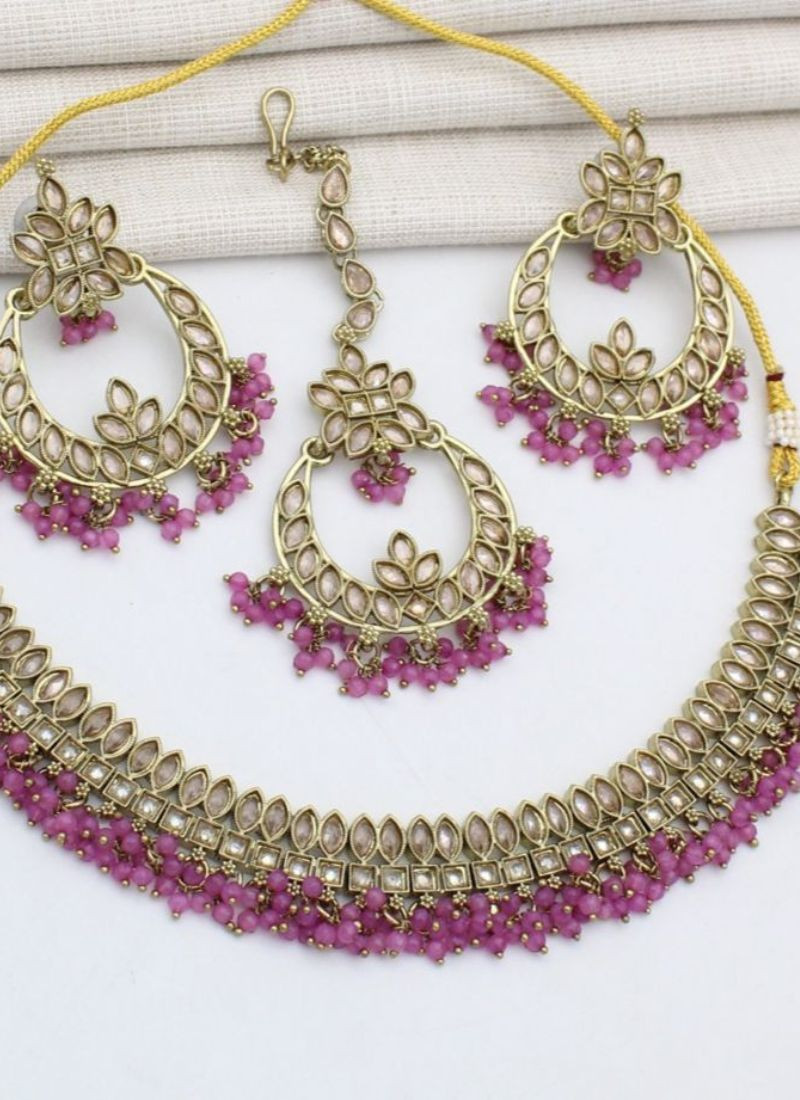 Beaded Stone Studded Necklace Set in Hot Pink