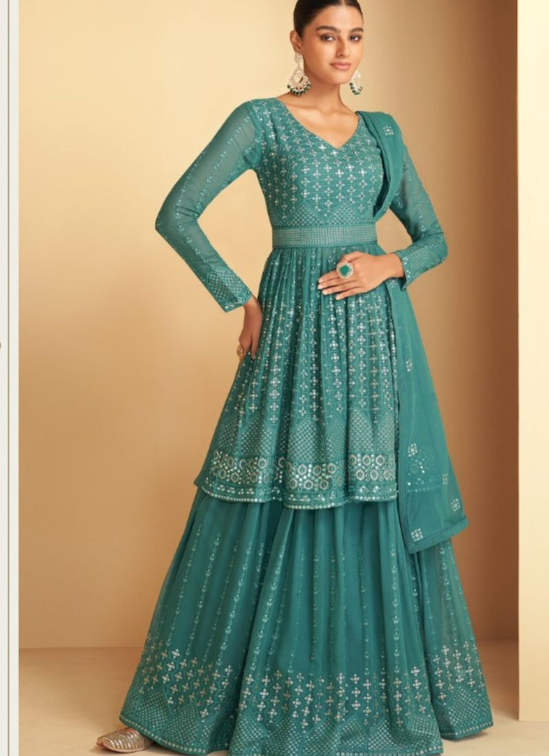 Embroidered Real Georgette Kurta-Skirt Set in Teal