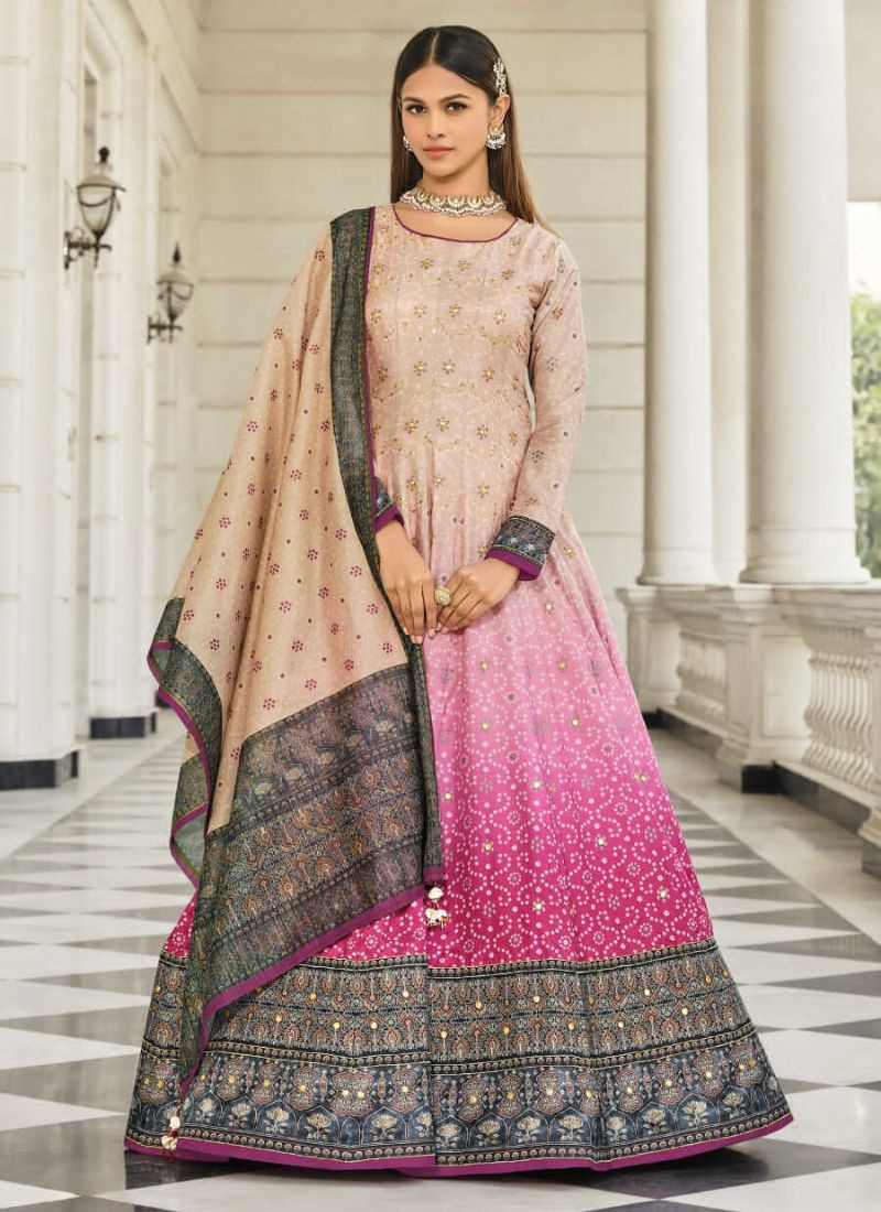 Bandhani Print Dola Silk Gown in  Beige & Pink