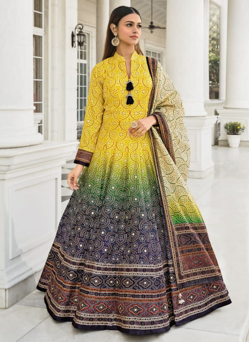 Bandhani Print Dola Silk Gown in  Yellow