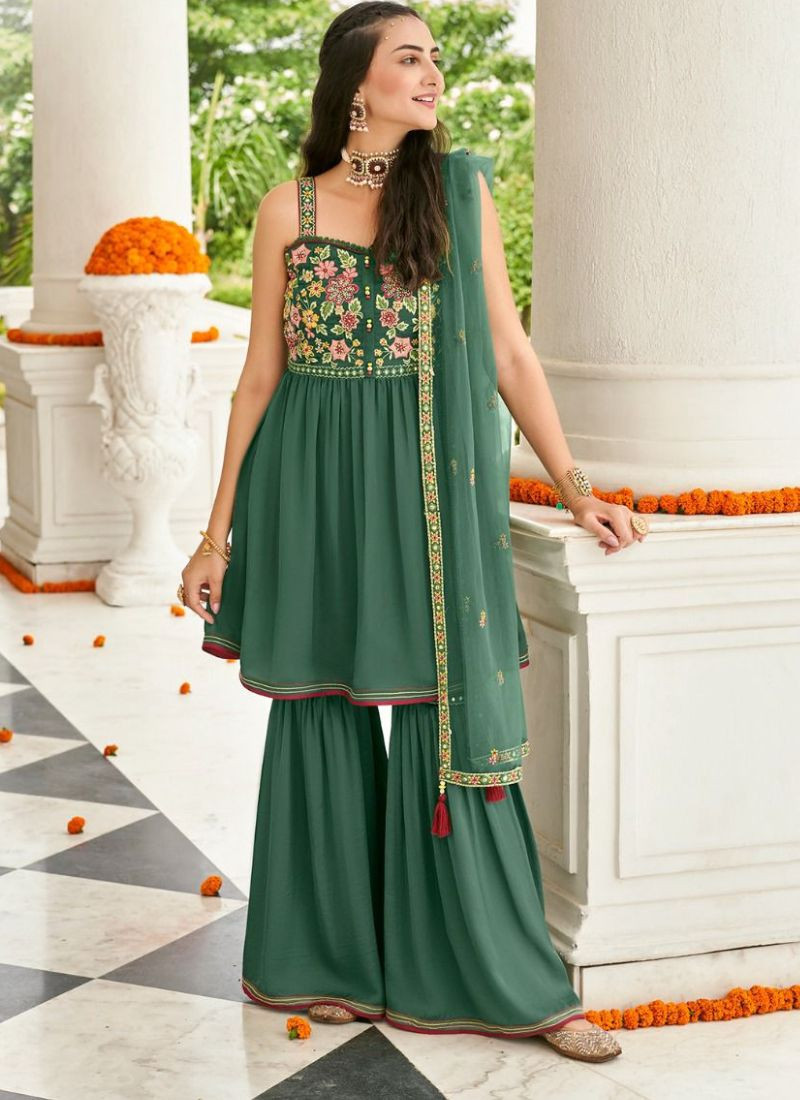 Pure Viscose Satin Silk Sharara Set in Green
