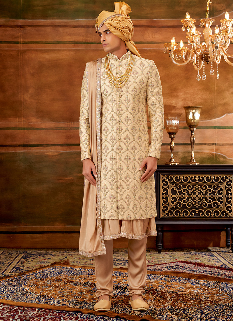 Wedding Wear Art Silk Anarkali Sherwani In golden