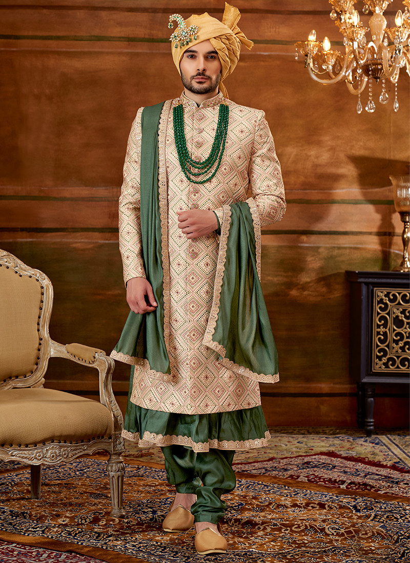 Wedding Wear Art Silk Anarkali Sherwani In Cream And Green