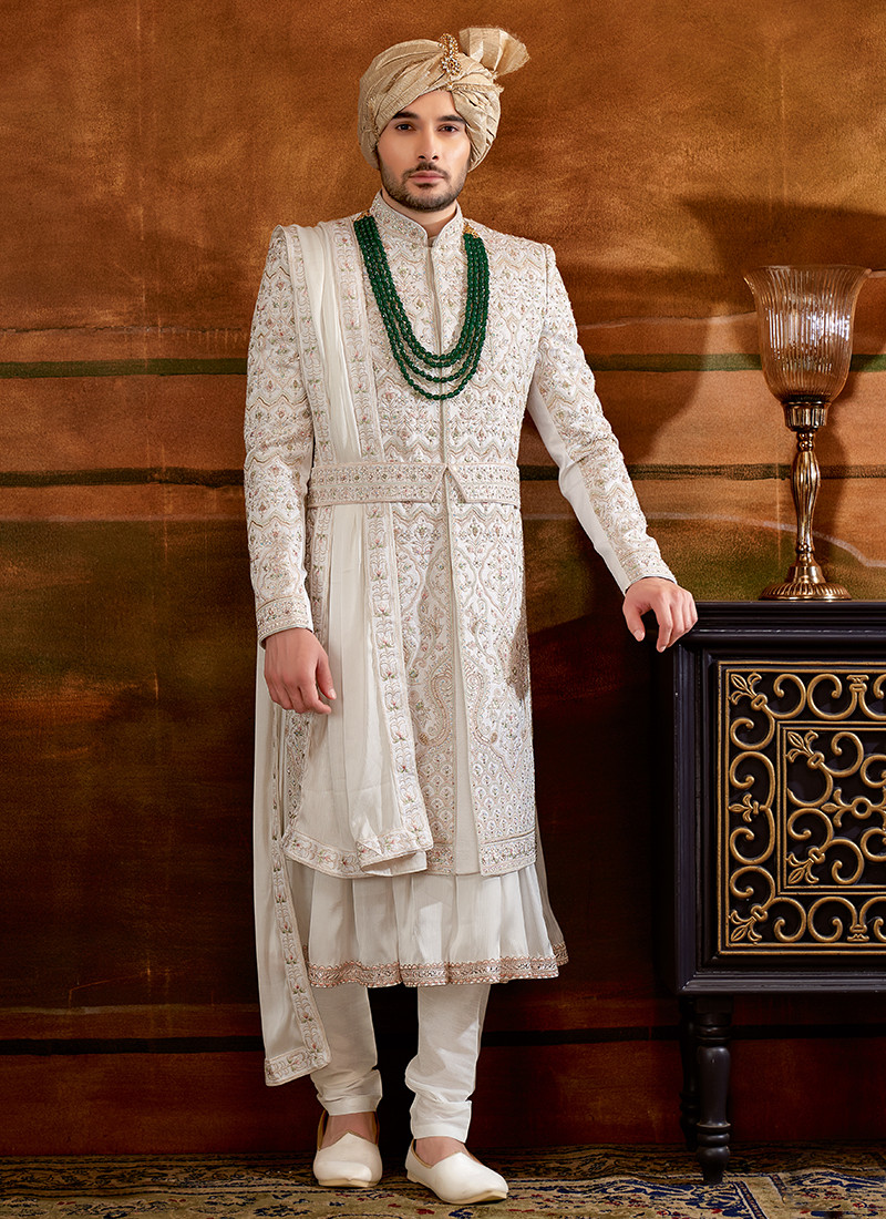Wedding Wear Art Silk Anarkali Sherwani In White