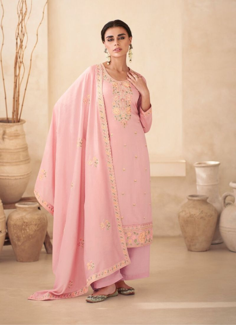 Embroidery Premium Silk Suit Set in Pink