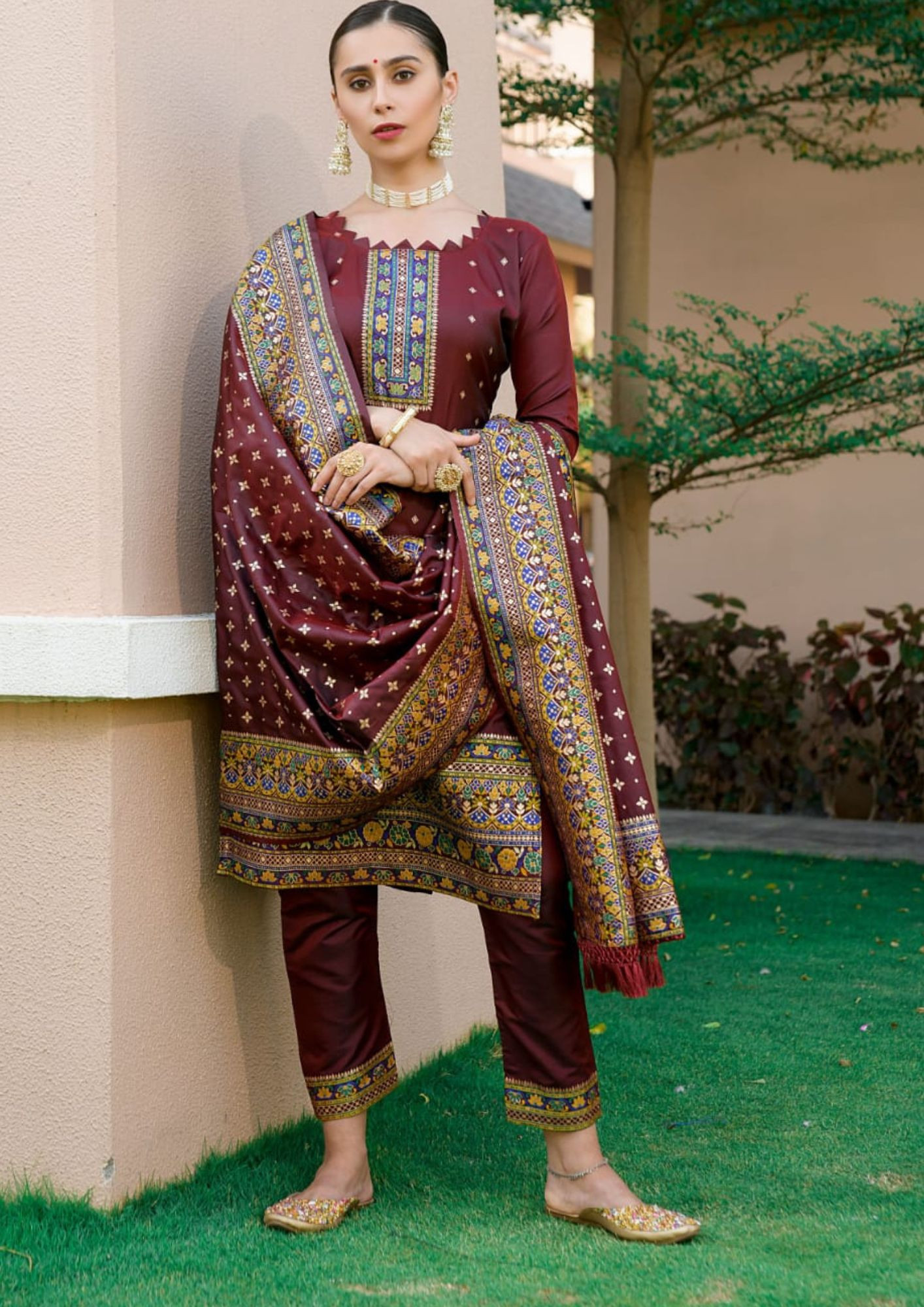 Banarasi Silk With Zari Work Suit Set in Coffee