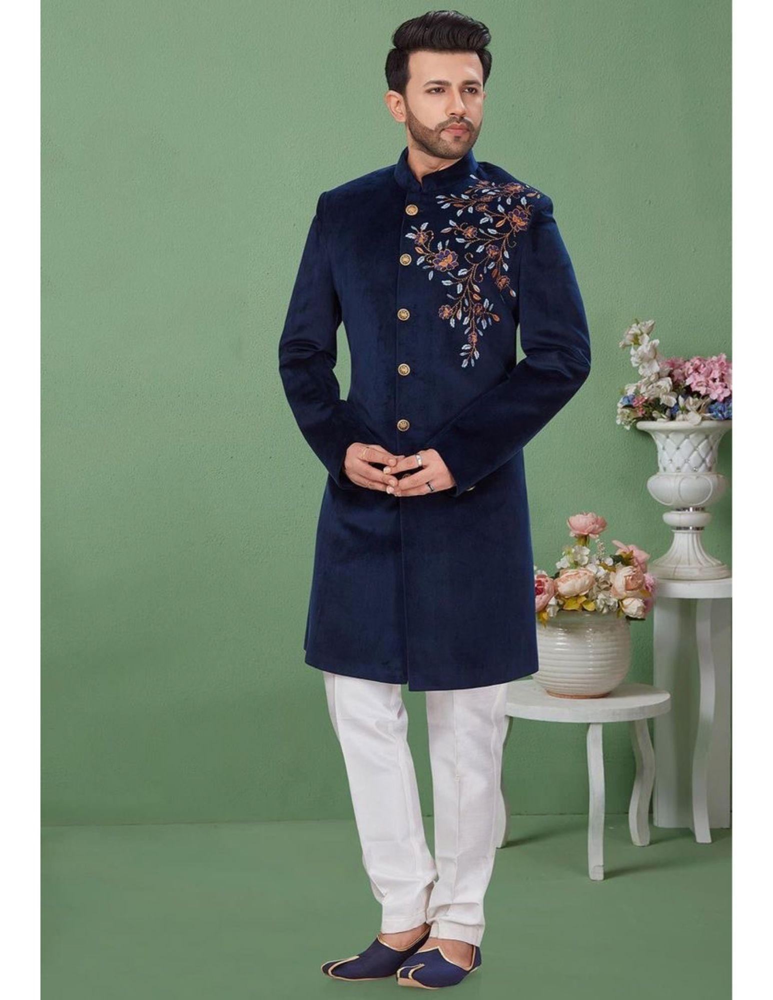 Designer Custom Made Sherwani In Blue