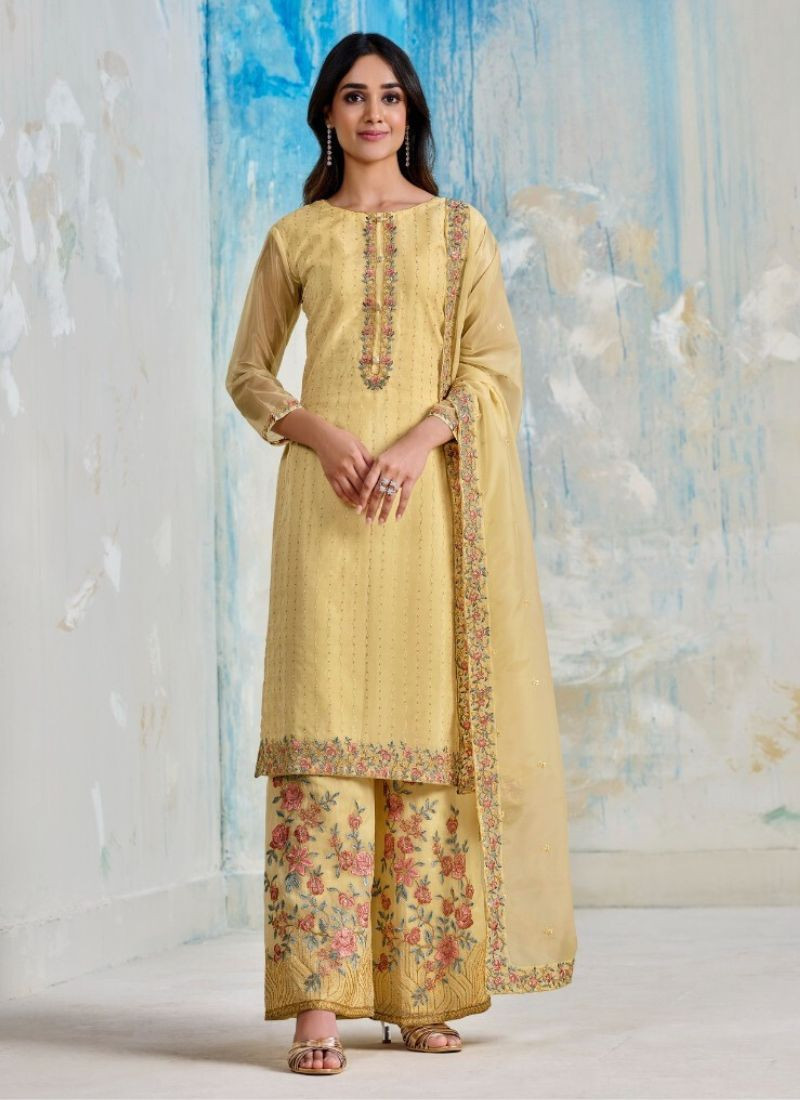 Embroidery Organza Satin Suit Set in Yellow