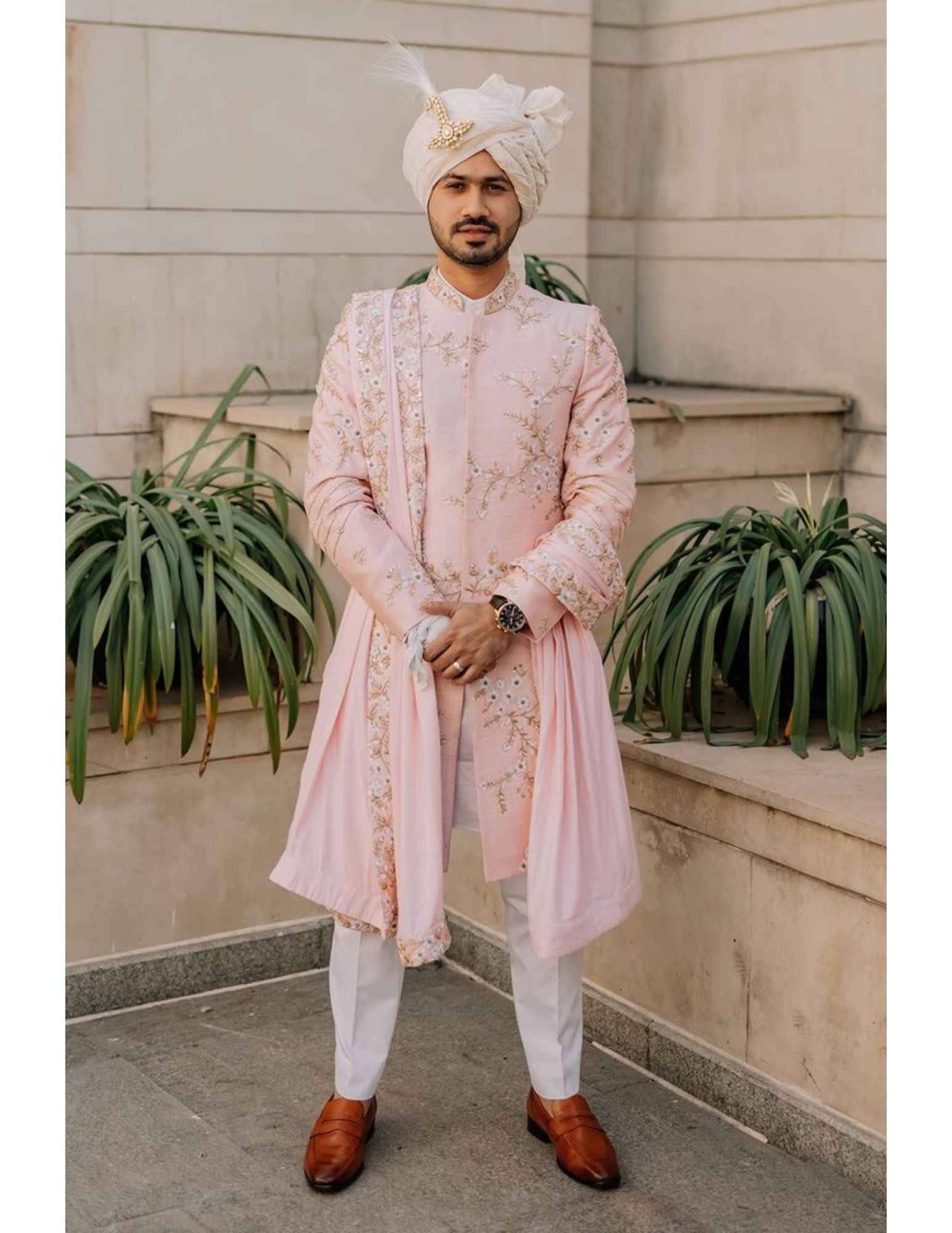 Designer Custom Made Sherwani In Light Pink