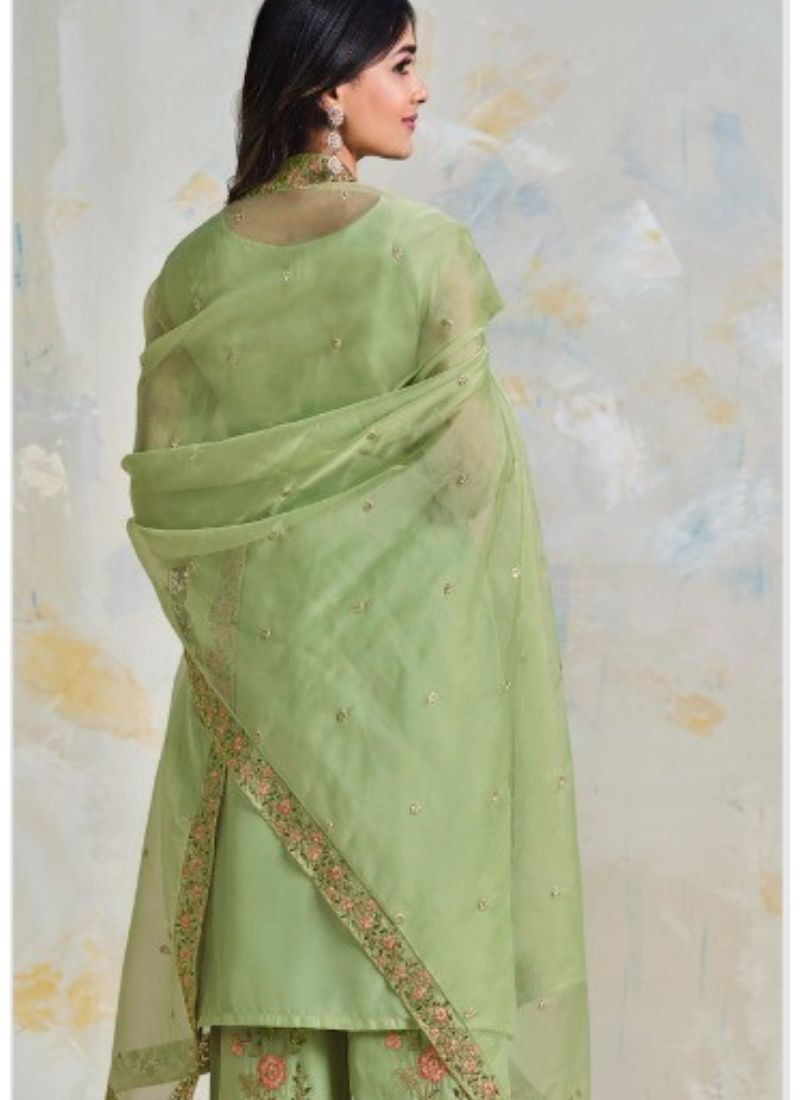 Embroidery Organza Satin Suit Set in Light Green