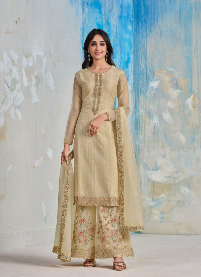 Embroidery Organza Satin Suit Set in Beige