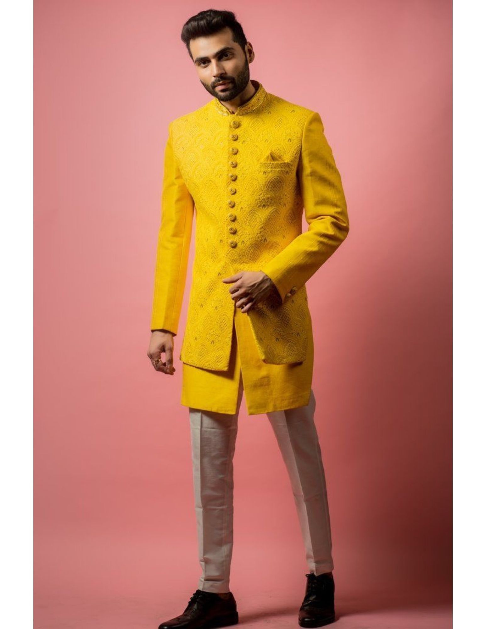 Designer Custom Made Sherwani In Yellow