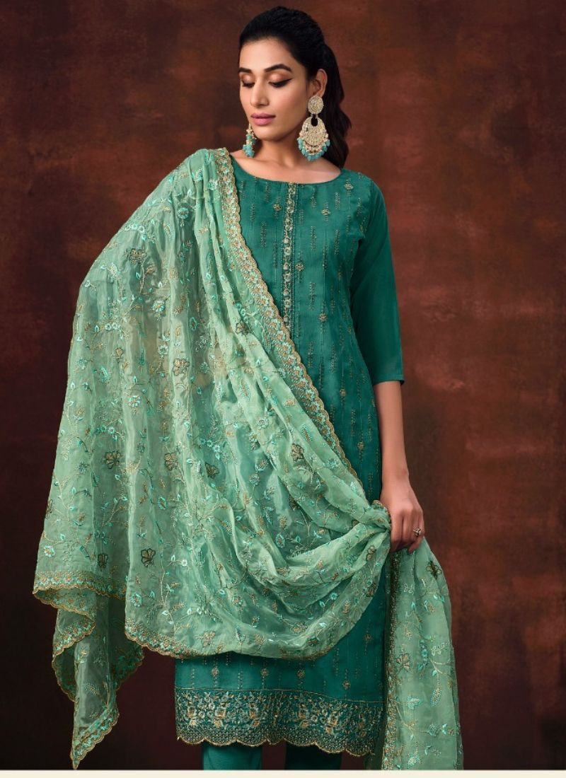 Heavy Embroidery Organza Silk Suit Set in Teal