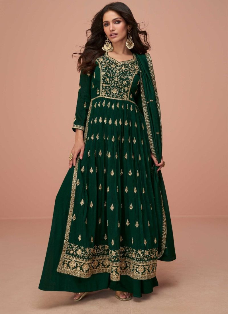 Embroidery Premium Silk Suit in Green