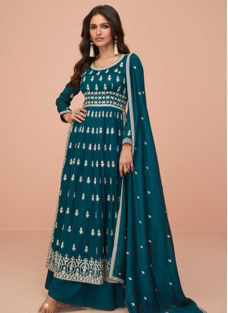 Embroidery Premium Silk Suit in Teal Blue