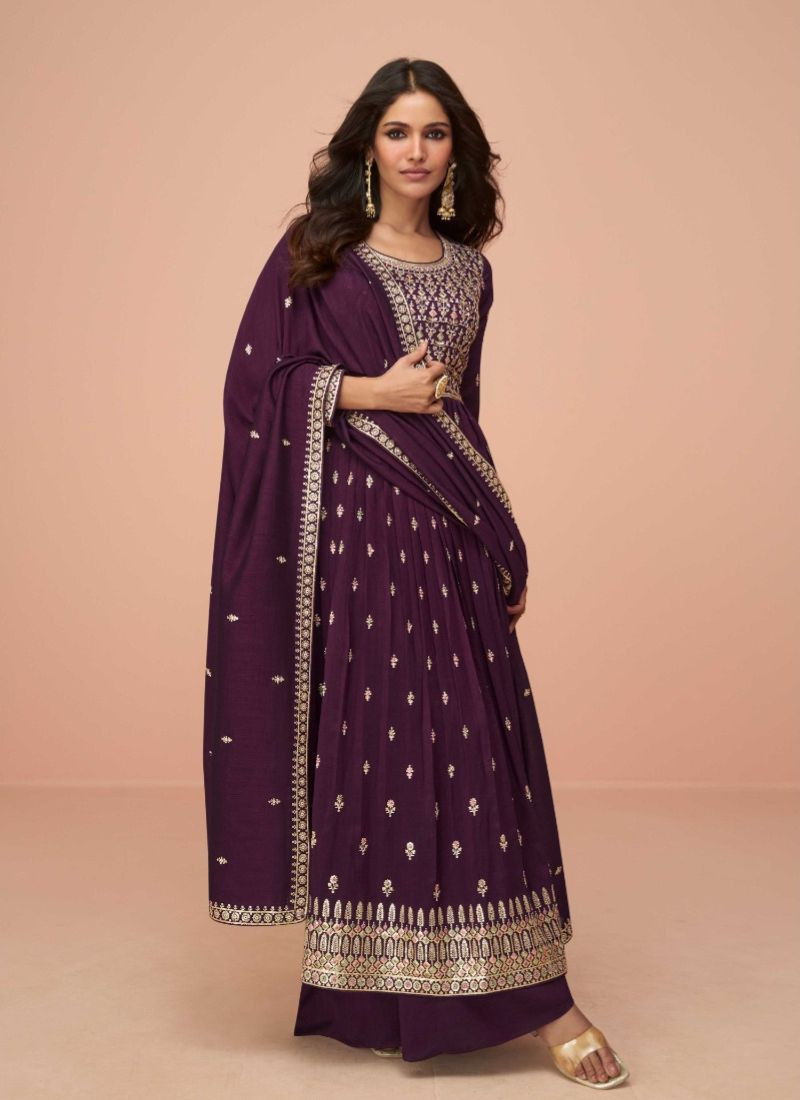 Embroidery Premium Silk Suit in Purple