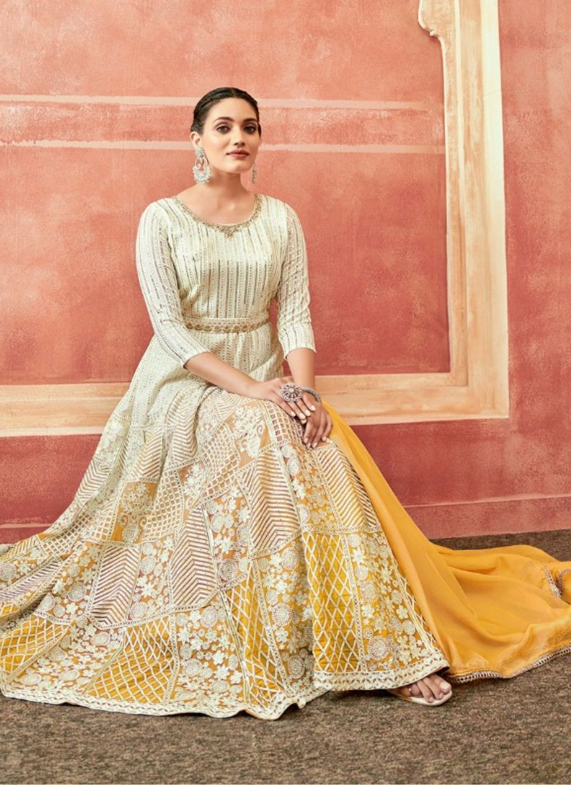 Real Georgette Digital Print Gown in White & Yellow