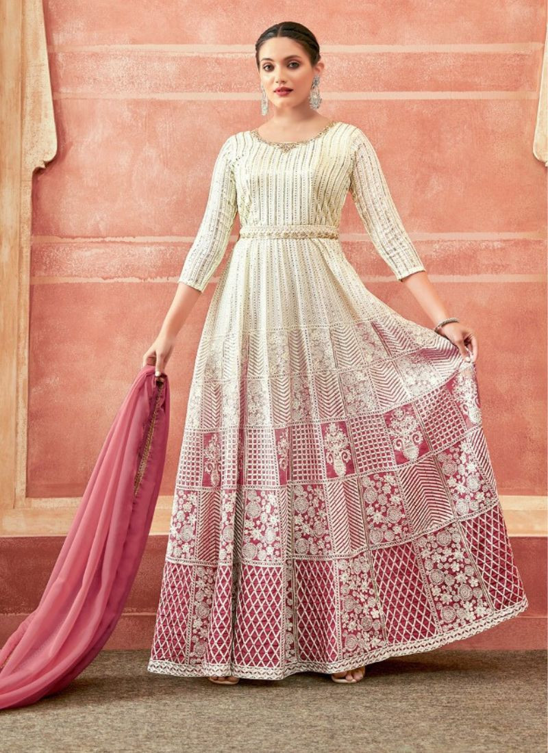 Real Georgette Digital Print Gown in White and Peach