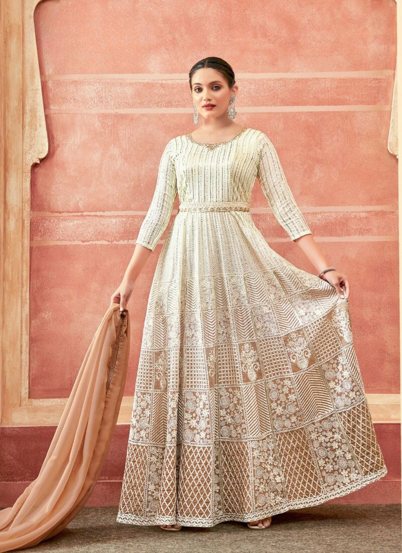 Real Georgette Digital Print Gown in White & Light Brown