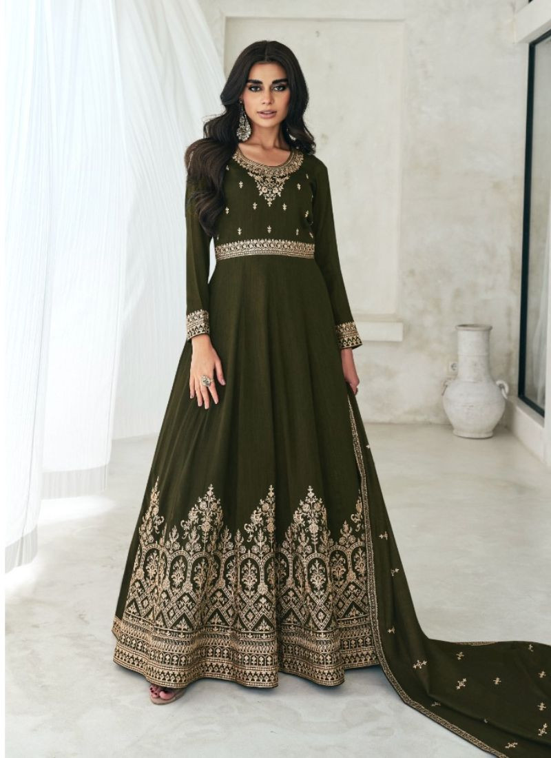 Embroidered Premium Silk Gown in Olive Green