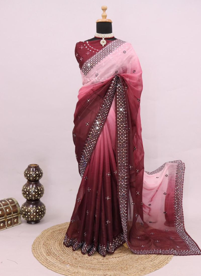 Embroidery Micro Silk Saree With Mirror Work in Maroon & Pink