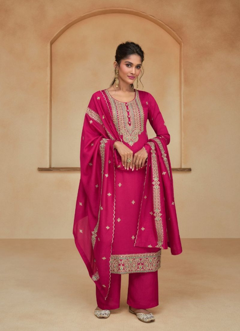 Embroidery zari Work Premium Silk Suit in Pink