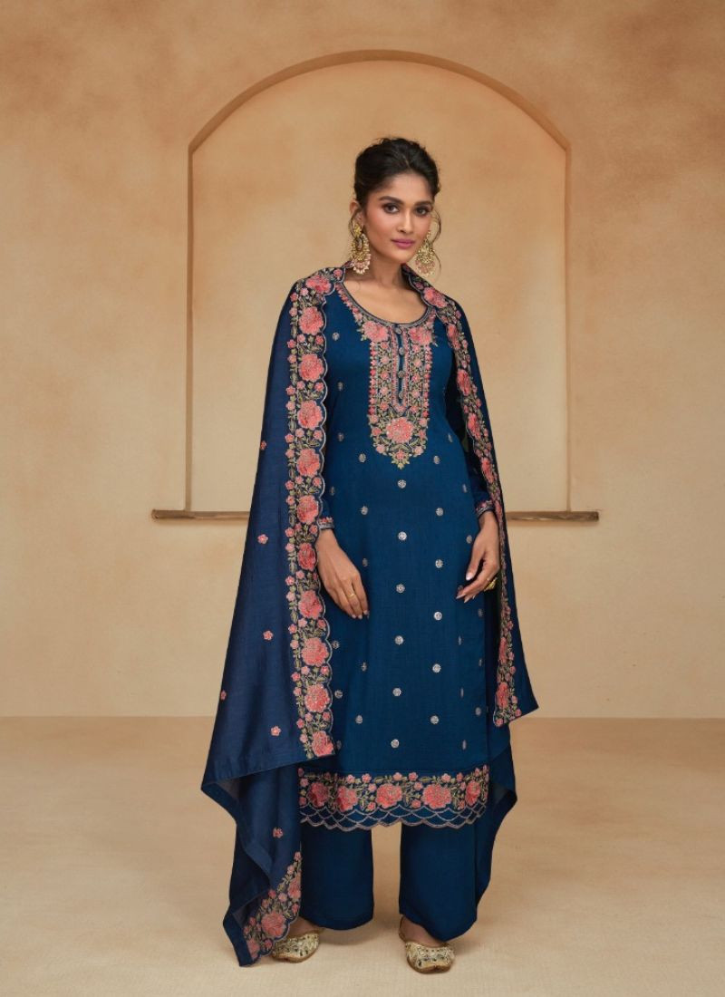 Embroidery zari Work Premium Silk Suit in Teal Blue