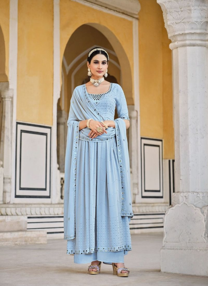 Embroidered Georgette Mirror work Suit in Light Blue