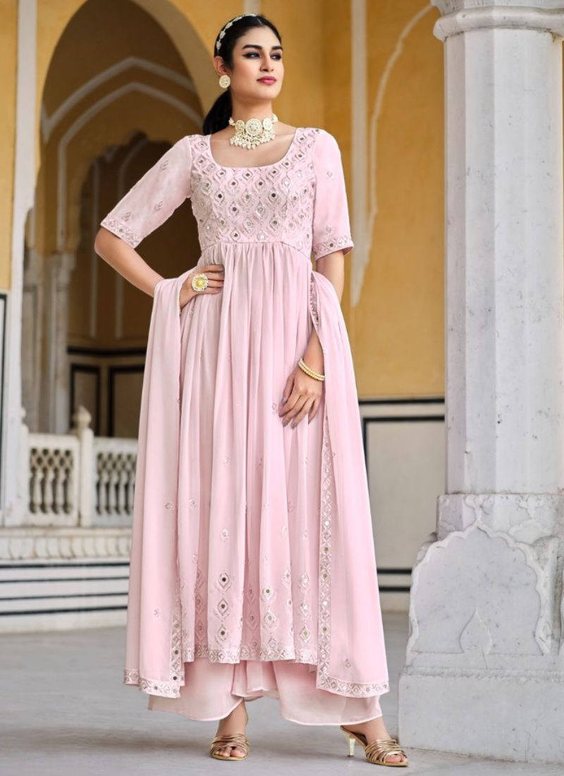 Embroidered Georgette Mirror work Suit in Clay