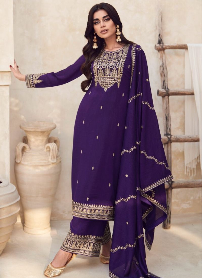 Embroidered Premium Silk Suit set(Unstiched) in Purple