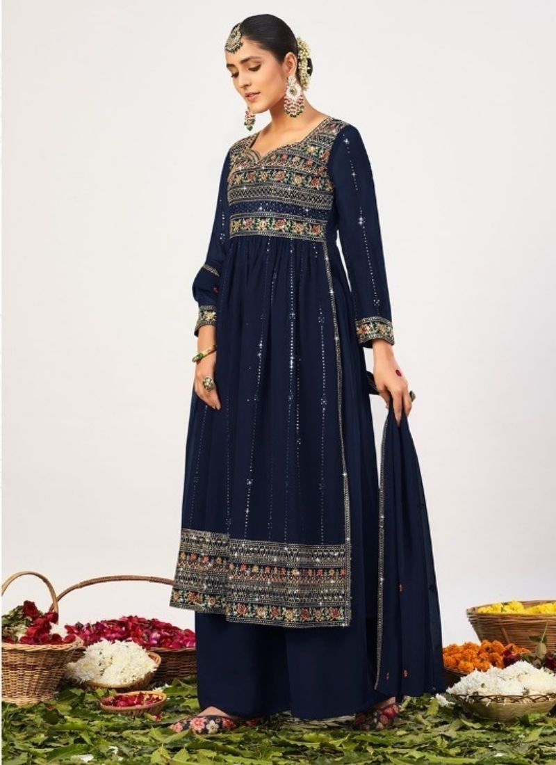 Embroidery Georgette Suit Set in Navy Blue