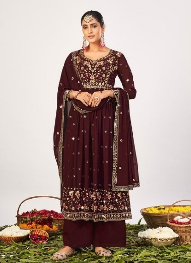 Embroidery Georgette Suit Set in Coffee