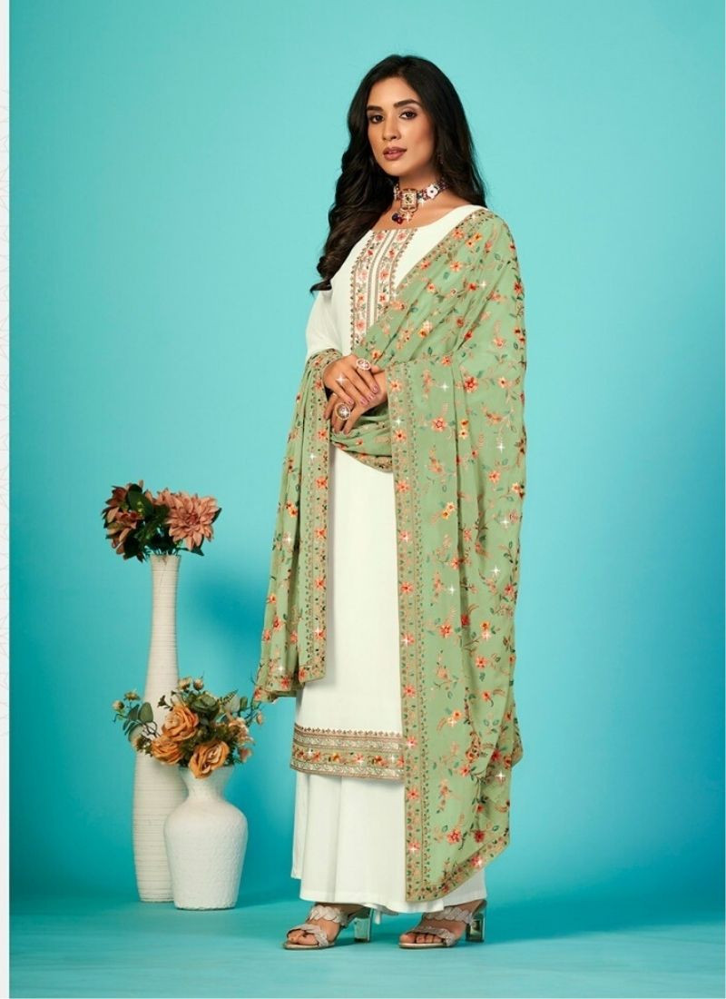 Pure Vichithra Embroidery Suit in White & Green