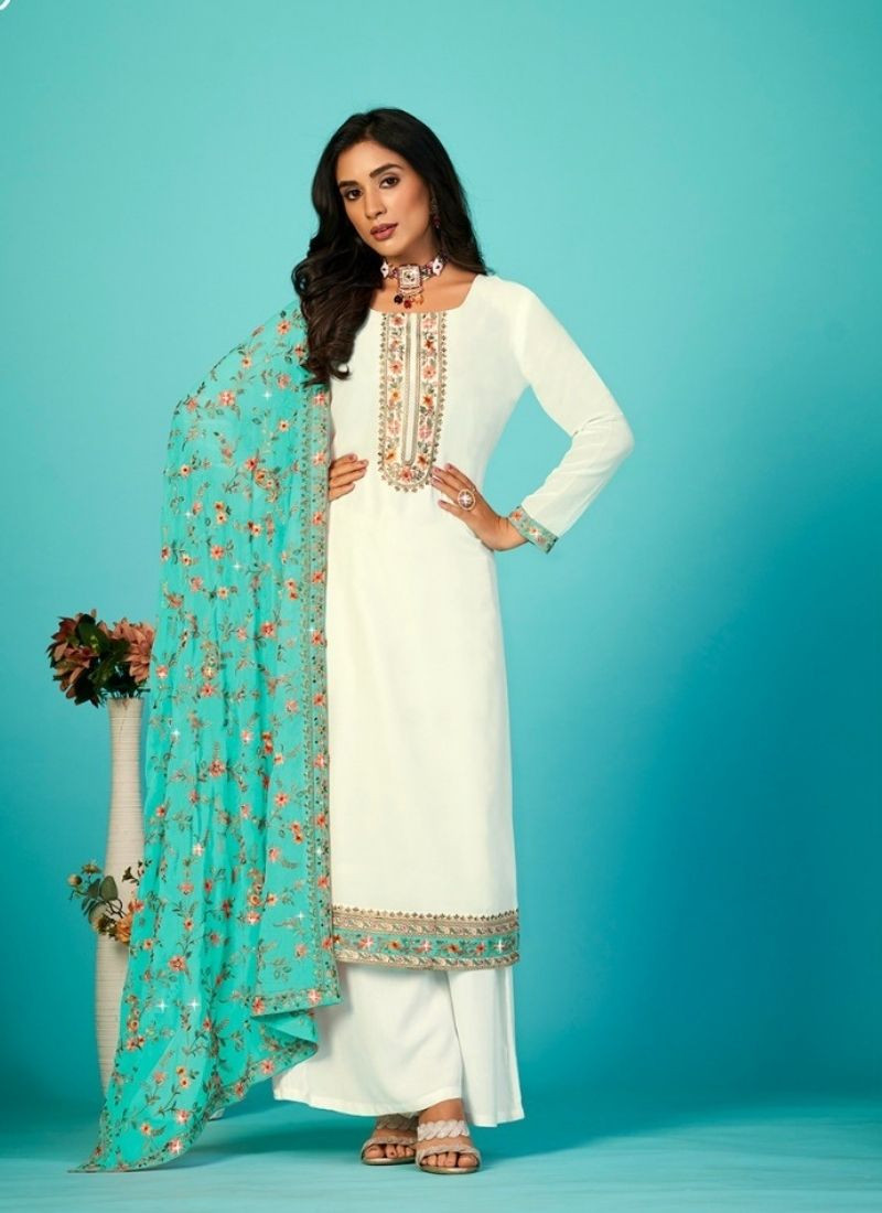 Pure Vichithra Embroidery Suit in White & Skyblue
